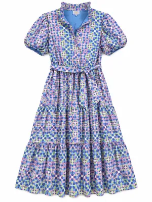 SSYS Athena Puff Sleeve Belted Midi Dress Womens Large Blue Geometric NWOT thumbnail 4