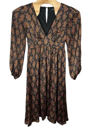 Lulus Floral Long Sleeve Satin V-neck Midi Dress Womens Size XL Navy Blue Orange thumbnail 1
