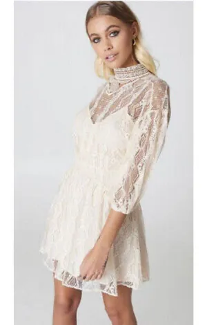 Free People Cream Half Sleeve Lace Mini Dress With Open Back thumbnail 1