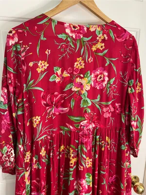 April Cornell Red Floral V Neck Milkweed Dress with Green Accents Size Medium thumbnail 8