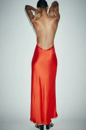 Zara nwt red maxi dress fitted bodycon satin effect party evening holiday gown thumbnail 7