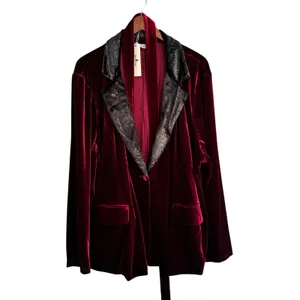 Agnes Orinda Womens 3X Burgundy Velvet Blazer Metallic Glitter Lapel Jacket NEW thumbnail 2