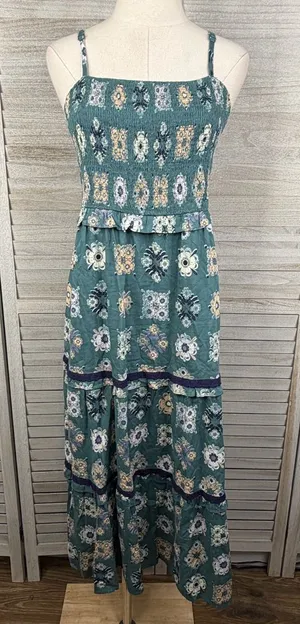 UNIVERSAL THREAD Women's Blue Patchwork Floral Smocked Boho Maxi Dress-Large thumbnail 1