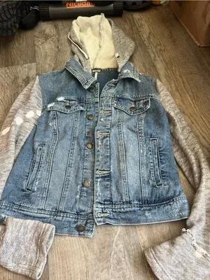 Free People | Distressed Knit Sleeve Denim Jacket S Grunge Hooded‎ Streetwear thumbnail 4