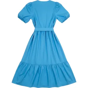 Greylin Blue‎ Cotton Wrap Midi Dress Puff Sleeve Tiered Pockets M Cottagecore thumbnail 2
