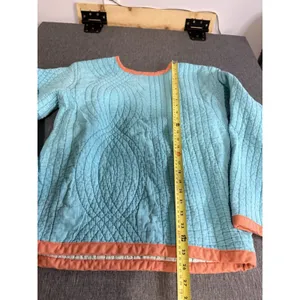 Handmade Women's Quilt Crewneck Light Blue With Coral Trim Sz M Cottage Core thumbnail 5