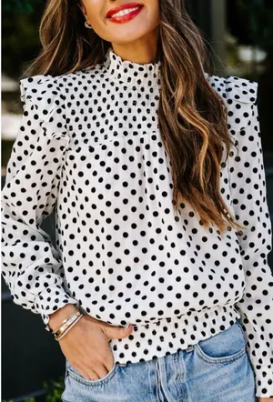 Blu‎ Pepper Spot Dotted Up Long Sleeve Blouse Size M thumbnail 1