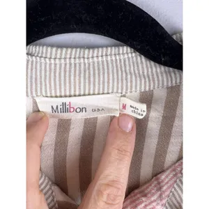 Millibon Linen Cotton Patchwork Stripe Button Shirt Raw Hem Hi Low Oversized M thumbnail 2