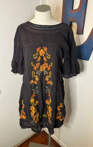 Free People Black Embroidered Floral Tunic Dress - Orange Floral Detail Sz S thumbnail 1