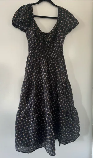 Black Orange Floral Print Puff Sleeve Smocked Midi Dress Medium Cottagecore thumbnail 1