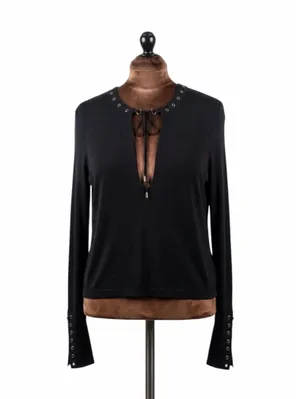 Free People Jump to The Beat Sz M Black Blouse Bell Sleeve Boho Grunge Top Lace Up thumbnail 2