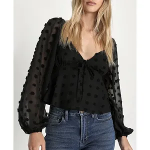 Lulu's Blouse XL‎ Cropped Black Clip Dot Balloon Sleeves Halter Babydoll #AA9-1 thumbnail 3
