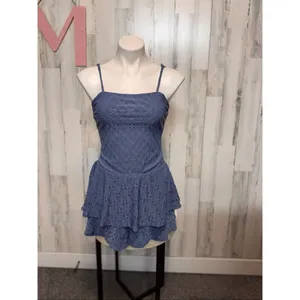 Hearts & Hearts Blue Eyelet Lace Romper Size M Spaghetti Strap Ruffle Shorts thumbnail 2