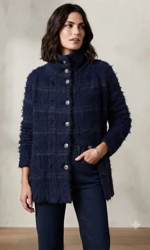 Free People Fuzzy Stripe‎ Button Front Cardigan Blue Olive Green Women's S thumbnail 1