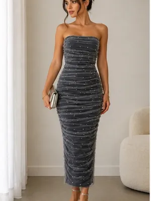 Zara Charcoal Gray Strapless Pearl-Embellished Ruched Dress thumbnail 2