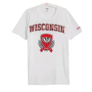 Pink VS Collegiate Collection WISCONSIN BADGERS White Crew Neck Tee Sz. M BLING thumbnail 1