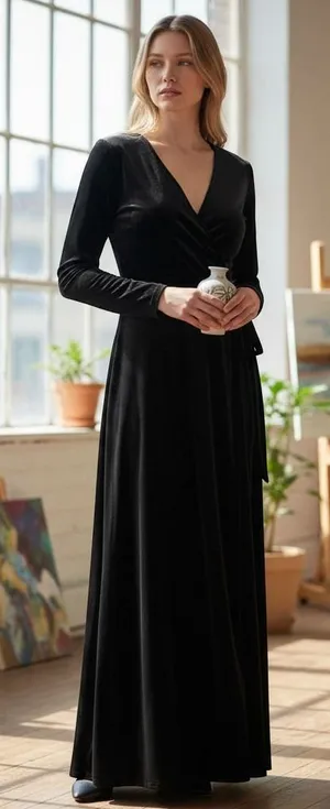 Love X Design Womens M Maxi Dress Black Velvet Long‎ Sleeve V Neck Event NEW thumbnail 1