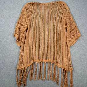 Easel Crochet Open Knit Duster Cardigan Small/Medium Brown Fringe Boho thumbnail 9
