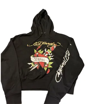 Vintage Ed Hardy Cropped Pullover Hoodie Black XL Dagger Heart Tattoo Y2K thumbnail 1
