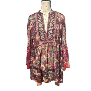 Soft‎ Surroundings Asteria Tunic Top Womens Medium Brown Floral Boho Mesh Beaded thumbnail 2