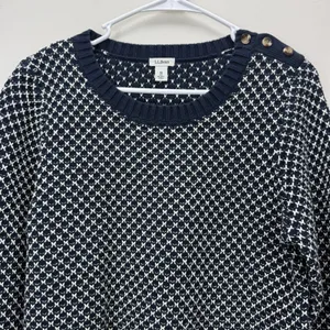 LL Bean Navy Blue White Crew Neck Pullover Cotton Button‎ Detail Sweater MEDIUM thumbnail 3