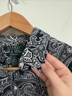 Lauren Ralph Lauren Black & White Paisley Non-Iron Button-Down Preppy Shirt sz M thumbnail 4