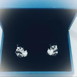 Panda Bear Sterling Silver CZ Heart Stud Earrings Silver thumbnail 1