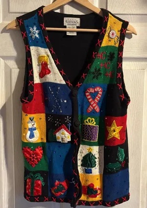 Basic Editions Christmas Sweater Vest Womens Small Black Holiday Patchwork Knit thumbnail 1
