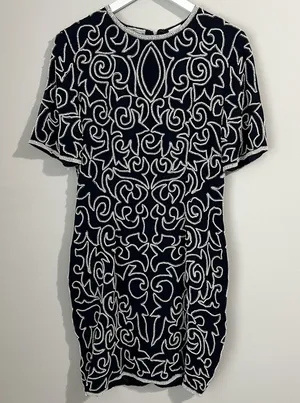 Vtg 80's Stenay Silk Dress Women's 6 Beaded Evening Cocktail‎ Party Sheath Black thumbnail 1
