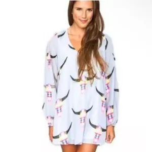 SHOW ME YOUR MUMU Balloon Sleeve Tunic Dress Boho Longhorn Skull Colorful Mini thumbnail 2
