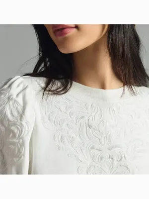 By Anthropologie Embroidered Puff Sleeve Sweatshirt in Ivory thumbnail 3