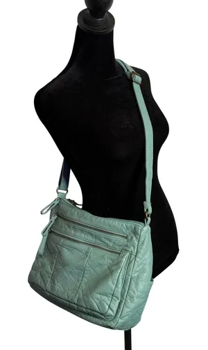 Bueno Multi Zip Pocket Green Crossbody Bag Crinkled Vegan Leather Pebble thumbnail 1