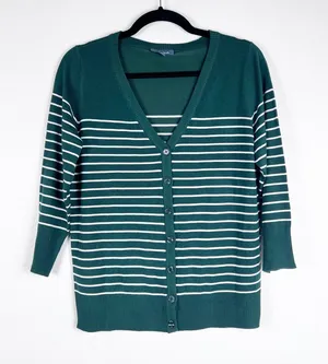 ModCloth Womens Striped Cardigan Knit Sweater Dark Green White V-Neck‎ Large thumbnail 1