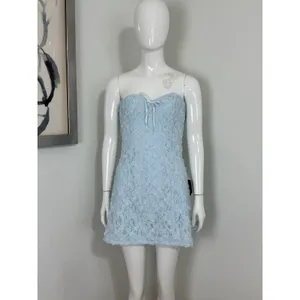 Lulus Light Blue Lace Mini Dress Strapless Backless 3D Floral Coquette NWT M thumbnail 3