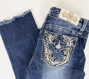 Miss Me Jeans Capri Mid Rise Raw Hem Logo Embellished Festival thumbnail 1