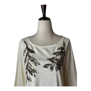 Tommy Bahama Shirt Women Small Ivory Cotton Sequins Floral‎ Tee Coastal Preppy thumbnail 4