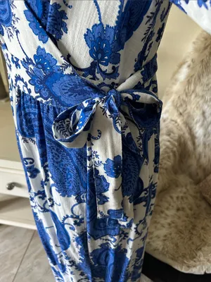 White closet elements white blue boho cottage paisley wrap Midi dress L thumbnail 6