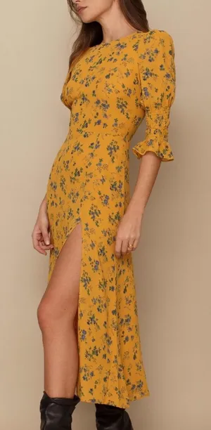 Reformation Winslow Floral Midi Dress Yellow Blue Slit Size 0 thumbnail 1