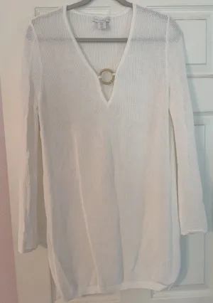 House of Harlow 1960 White Mesh‎ Swim Cover Up Mini Dress Boho Peasant Heavy M thumbnail 1