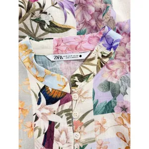 ZARA Dress Purple Mini Floral Patchwork Linen Shirtdress Waist Tie Boho Medium thumbnail 4