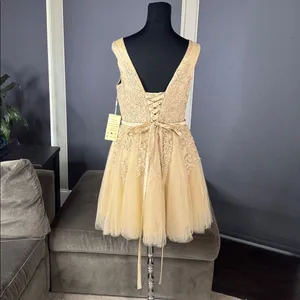 Women’s Gold Satin and Tulle Floral Short Prom Party Formal Dress Size 8 NEW thumbnail 4