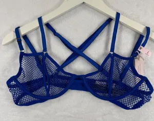 Victorias Secret Very Sexy Blue Fishnet Mesh Strappy‎ Low Cut Demi Bra Large NEW thumbnail 1