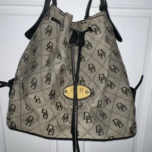 Dooney & Bourke Signature DB Monogram Drawstring‎ Bucket Shoulder Bag Black Gray thumbnail 1