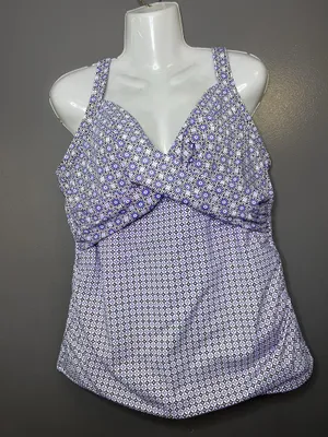Lands' End Tankini Swim Top Womens 16 Purple Geometric Print Underwire Bra thumbnail 2