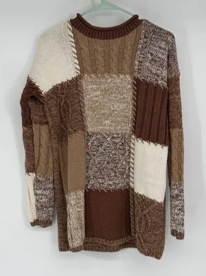 Patchwork Cable Knit Roll Neck‎ Sweater Tunic Brown Cream Size L thumbnail 1