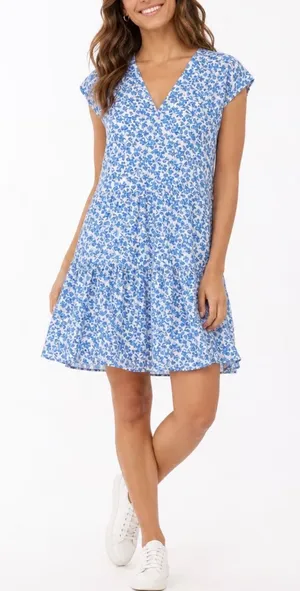 Gap Womens Blue White Floral V-Neck Tiered Mini Dress Size M Rayon Pockets thumbnail 1