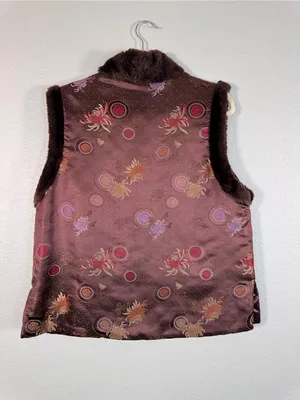 April Cornell Brown Quilted Floral Faux Fur Trim Vest Womens M Fall Boho Vintage thumbnail 2