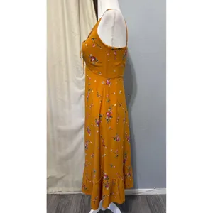 re:named Mustard Yellow Midi Dress Size M Floral Ruffle Sweetheart Keyhole Tie thumbnail 12