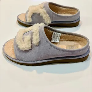 UGG Women’s Suede Shearling Slide Sandals Purple Cream Size 7 EUC Small Spots thumbnail 4