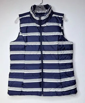 Lands End Women Sz M Blue Striped 600 Goose Down Puffer Vest Sailor Nautical New thumbnail 1
